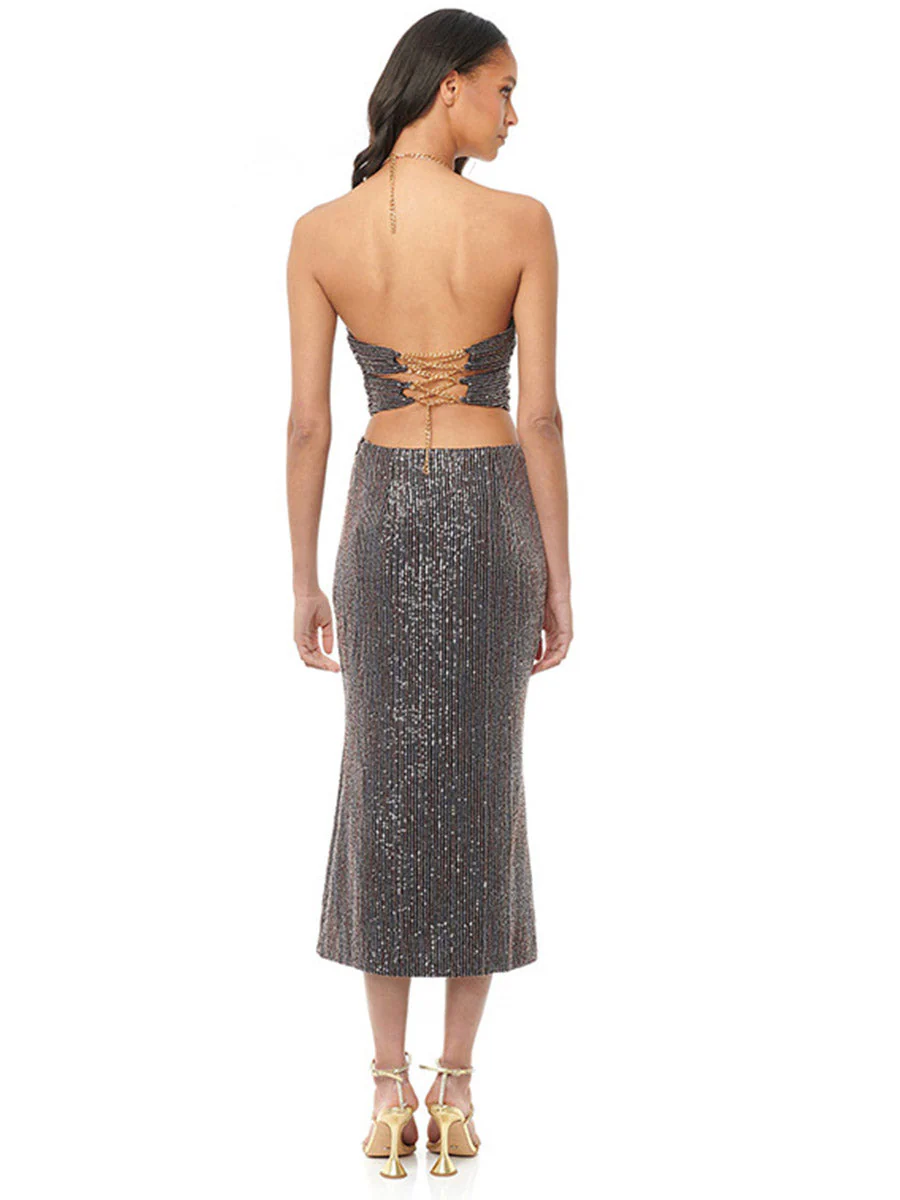 Slim-Fit Sequin Halter Cutout Backless A-Line Dress - Image 7