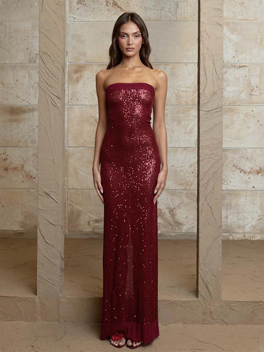 Slim-Fit Sequin Strapless Backless Gown with Slit - Image 2
