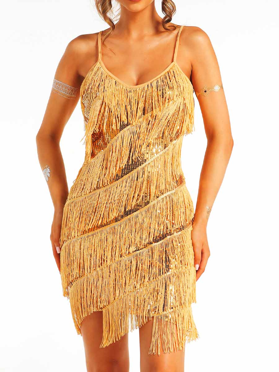Slim-Fitting Gold Sequin Tassel Suspender Dress