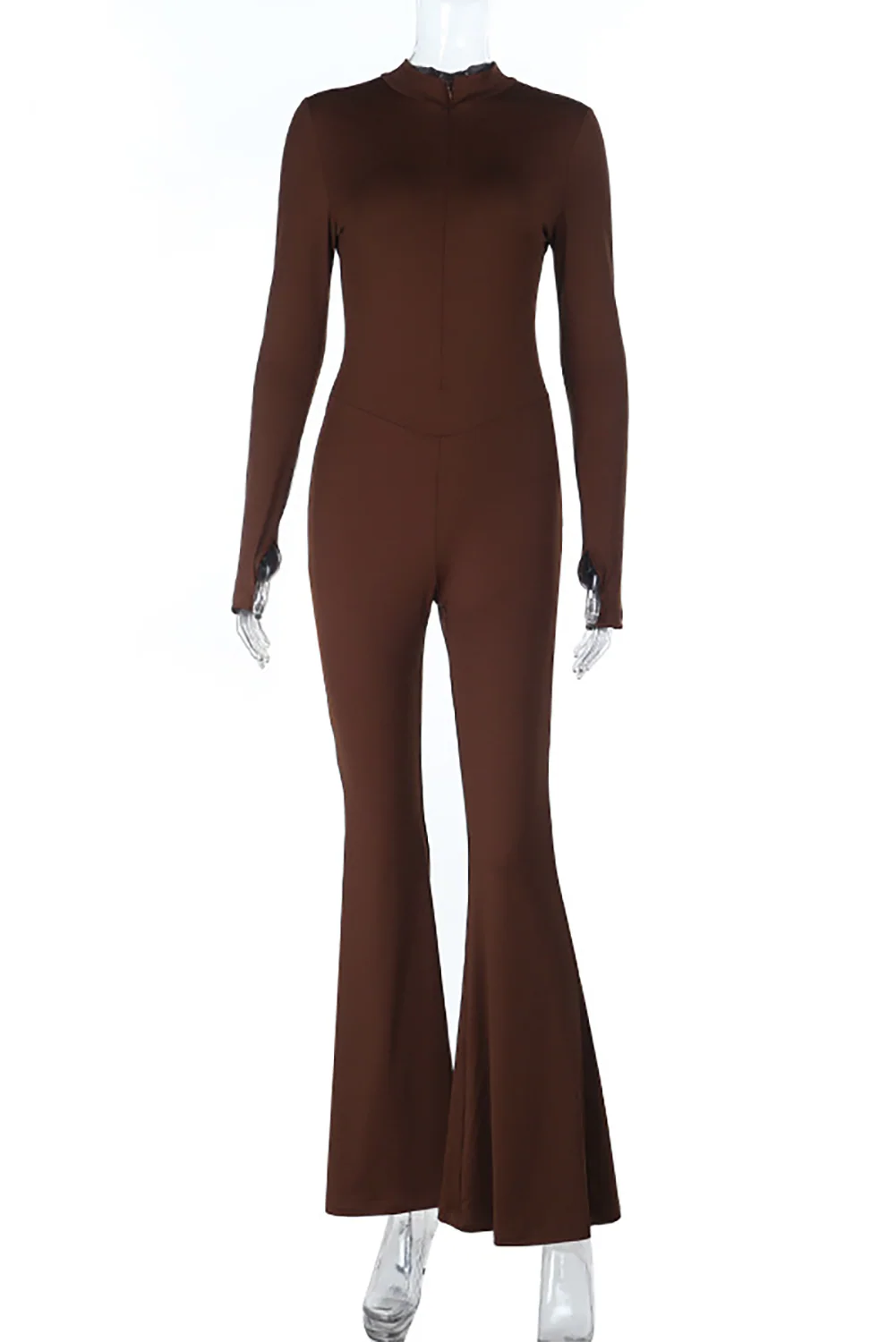 Solid Color Long Sleeve Slim Fit Flared Leg Jumpsuit-Brown - Image 4