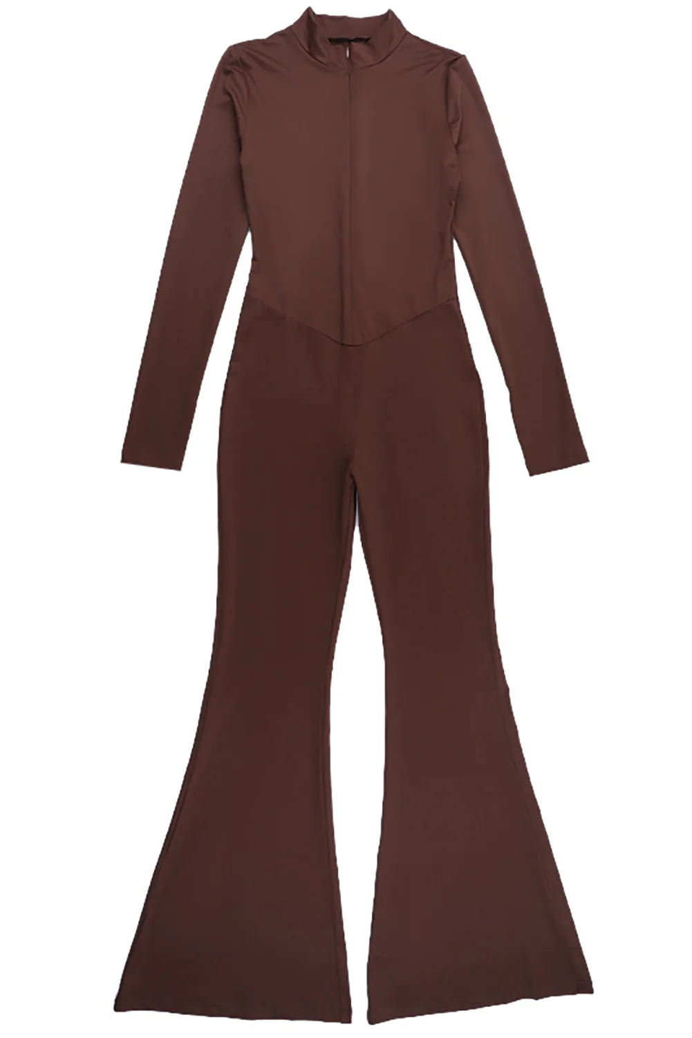 Solid Color Long Sleeve Slim Fit Flared Leg Jumpsuit-Brown - Image 5