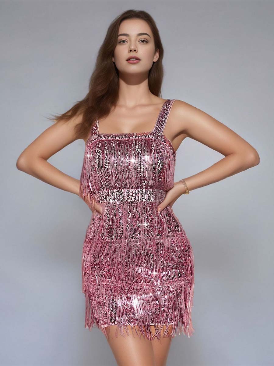 Solid Color Sequin Fringe Spaghetti Strap Party Dress - Image 11