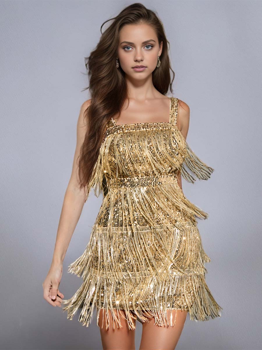 Solid Color Sequin Fringe Spaghetti Strap Party Dress - Image 13