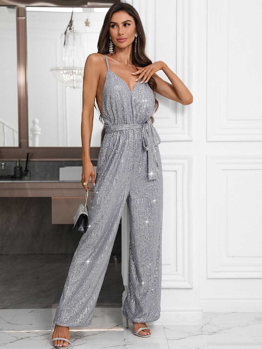 Solid Color Sequin Sexy Spaghetti Strap Jumpsuit - Image 2