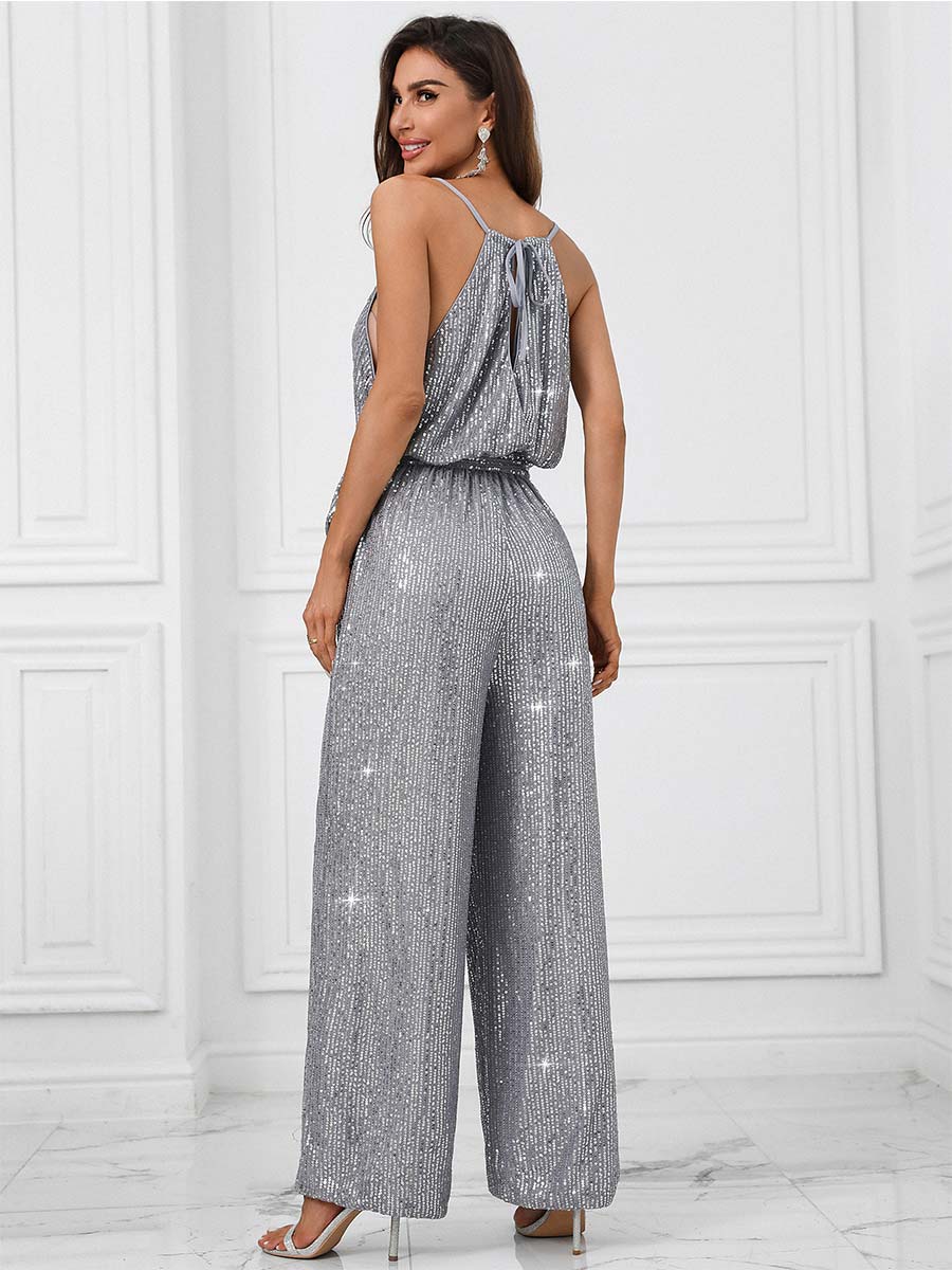 Solid Color Sequin Sexy Spaghetti Strap Jumpsuit - Image 6