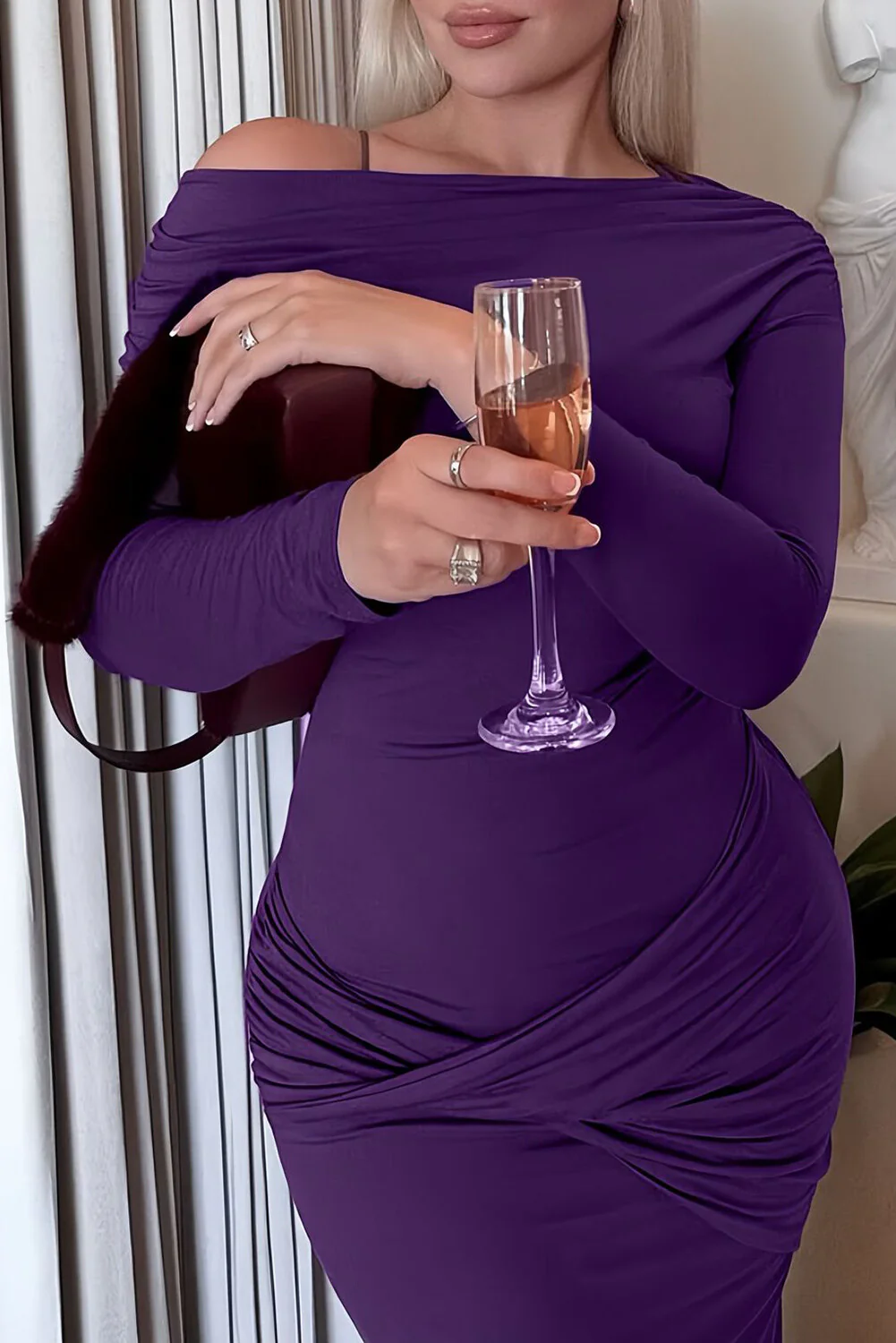 Solid Color Twisted Ruched Bodycon Long Sleeve Maxi Dresses-Purple - Image 3