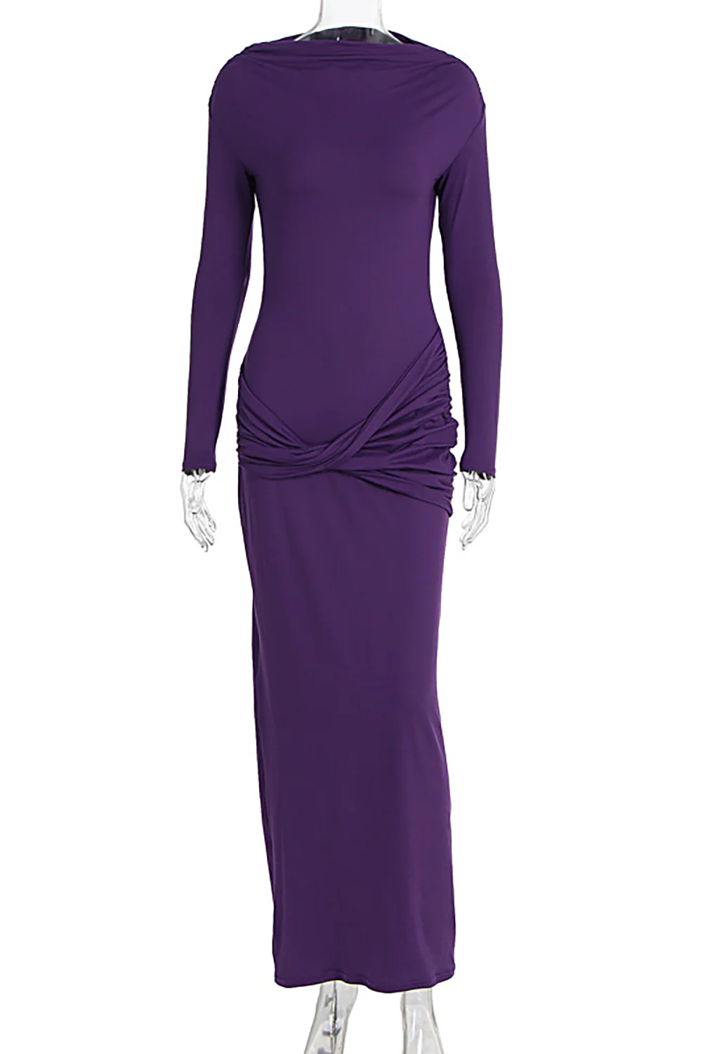 Solid Color Twisted Ruched Bodycon Long Sleeve Maxi Dresses-Purple - Image 4