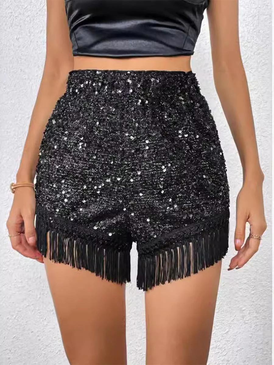 Solid Glitter Fringe Hem Shorts - Image 3