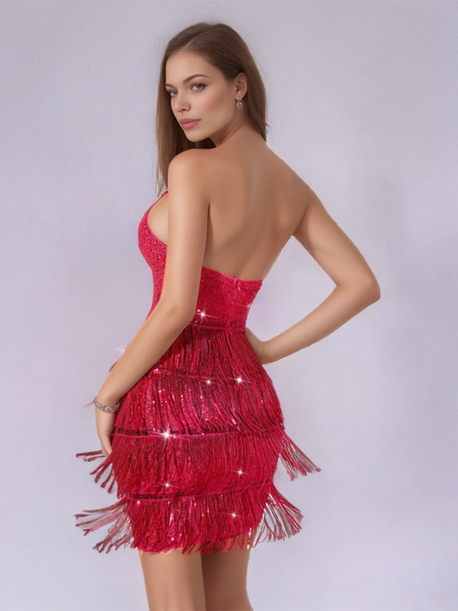 Solid Halter Backless Sequin Fringe Cocktail Mini Dress - Image 11