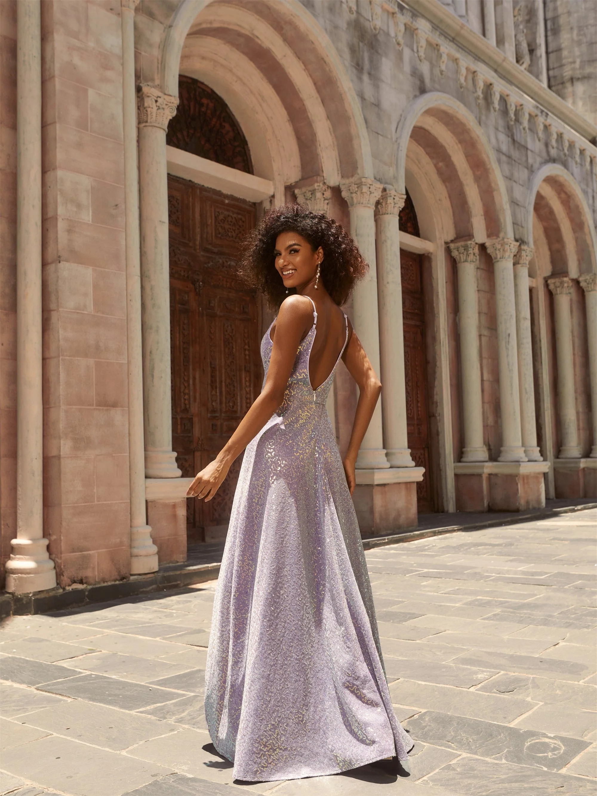 Sparkling Sequin Spaghetti Straps High-Low Backless Evening Dress - Image 7