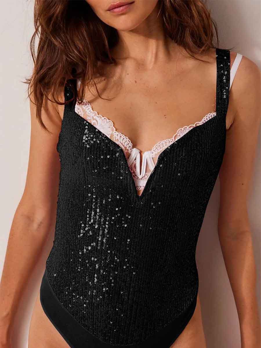 Suspender Sleeveless V Neck Sparkly Bodysuit Black - Image 4