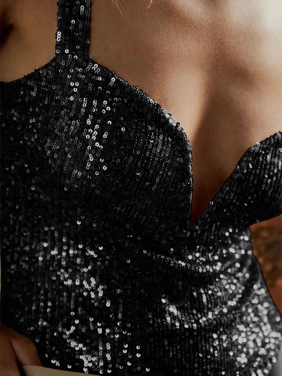 Suspender Sleeveless V Neck Sparkly Bodysuit Black - Image 5