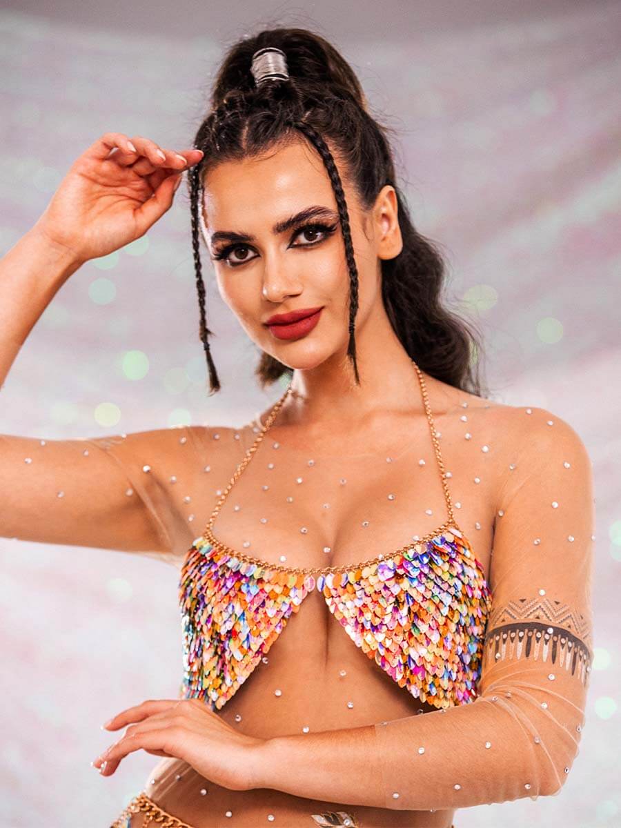 Sparkly Bra - Metal Chain Colorful Sequin Halter Bra - Image 3