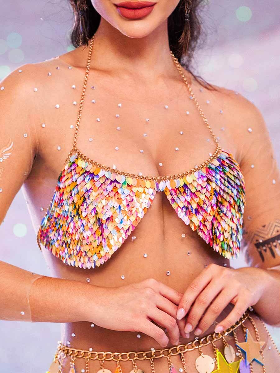 Sparkly Bra - Metal Chain Colorful Sequin Halter Bra - Image 4