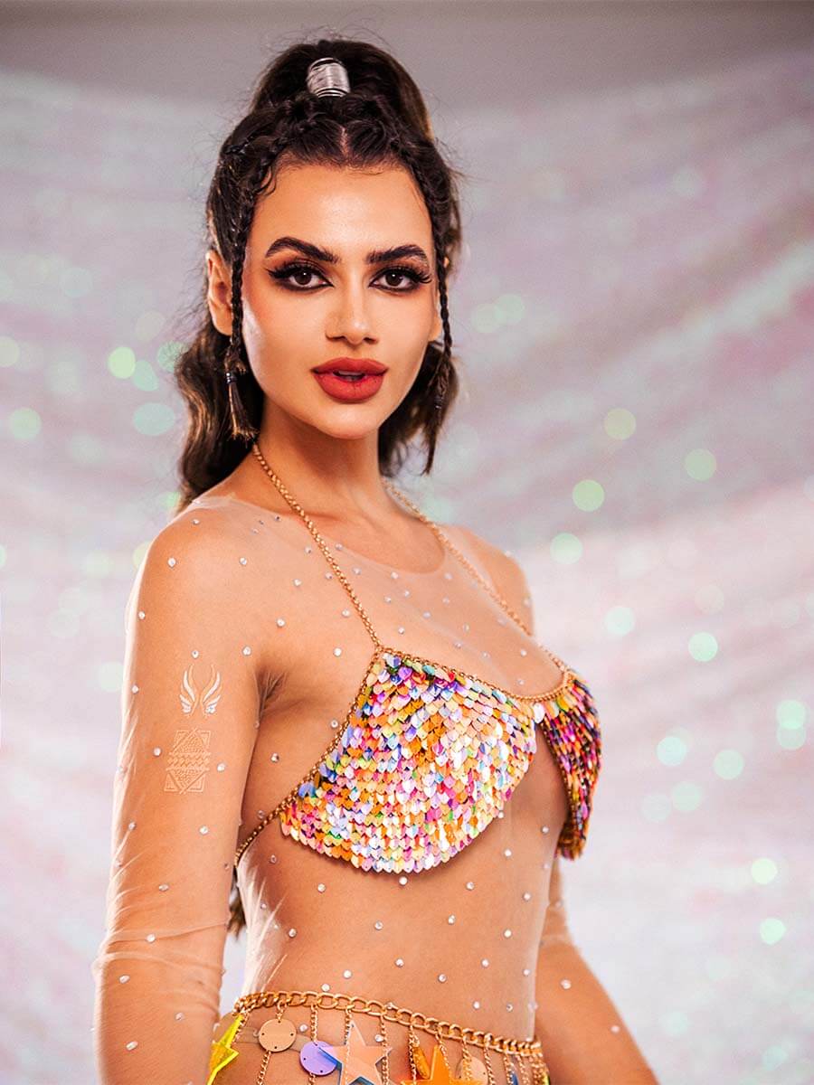Sparkly Bra - Metal Chain Colorful Sequin Halter Bra - Image 5