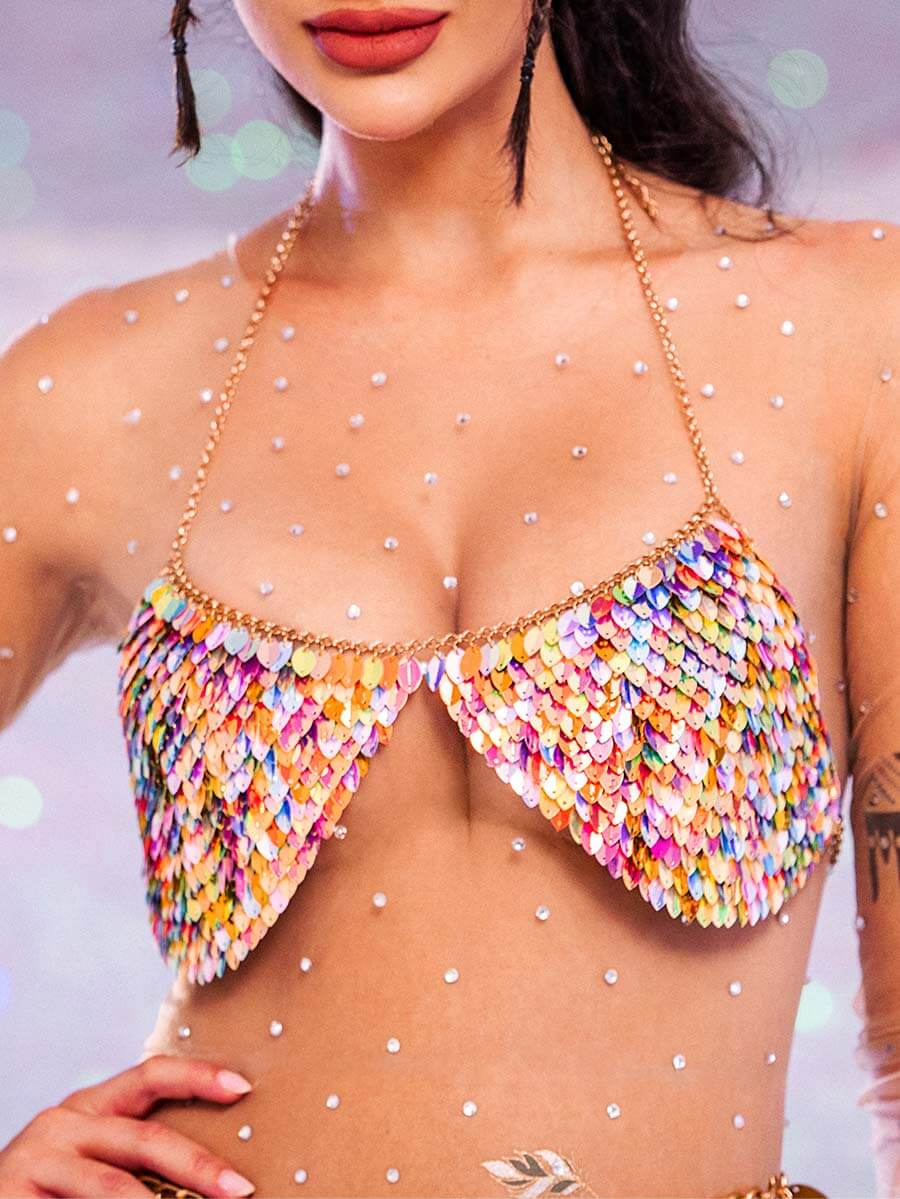 Sparkly Bra - Metal Chain Colorful Sequin Halter Bra - Image 6