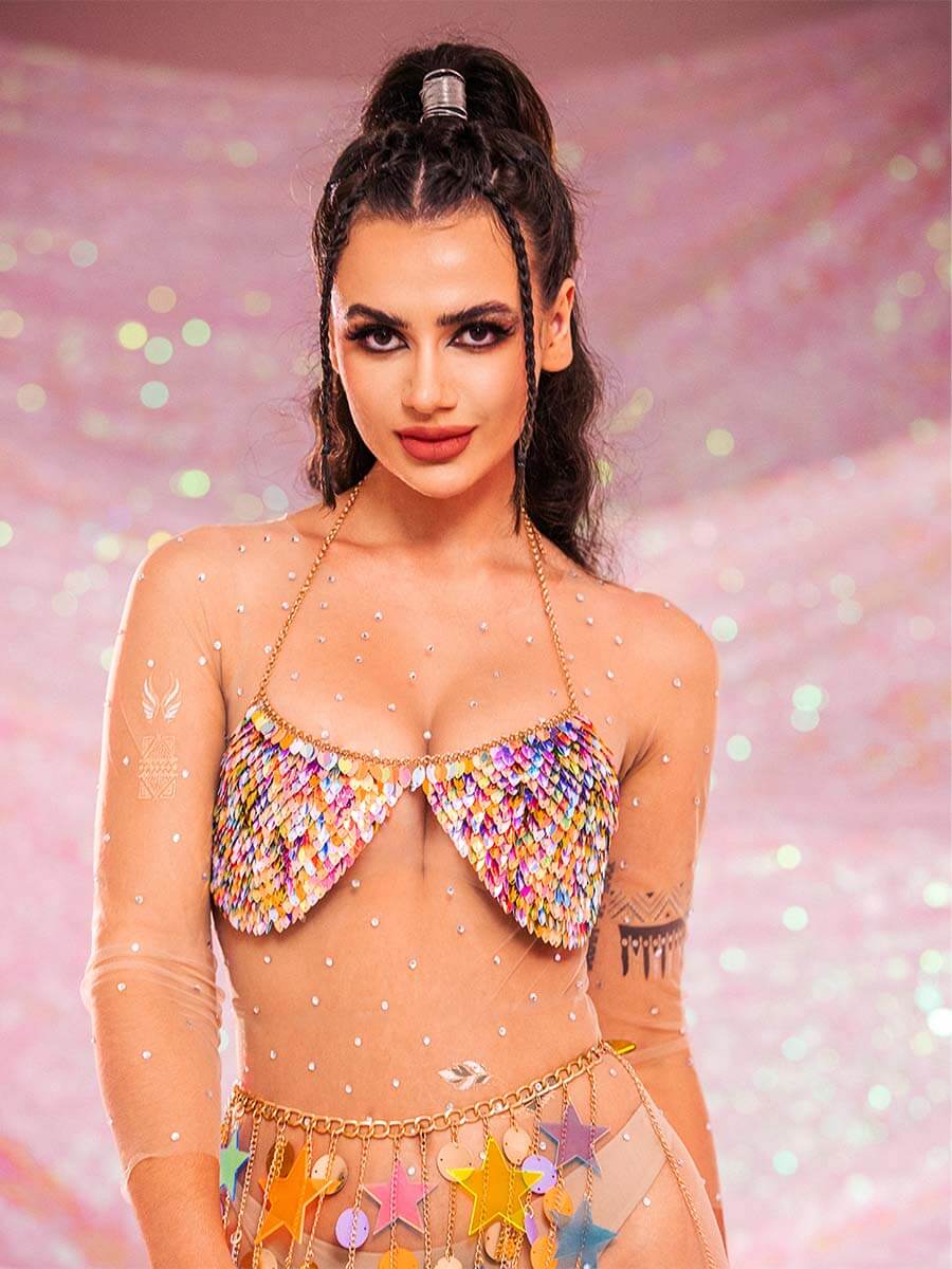 Sparkly Bra - Metal Chain Colorful Sequin Halter Bra - Image 7