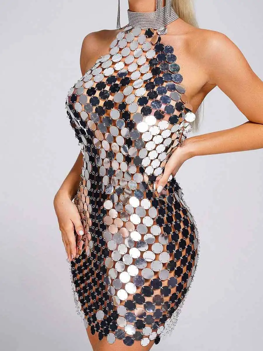Sparkly Disco Dress - Fitted Sleeveless Sequin Dress - Image 3