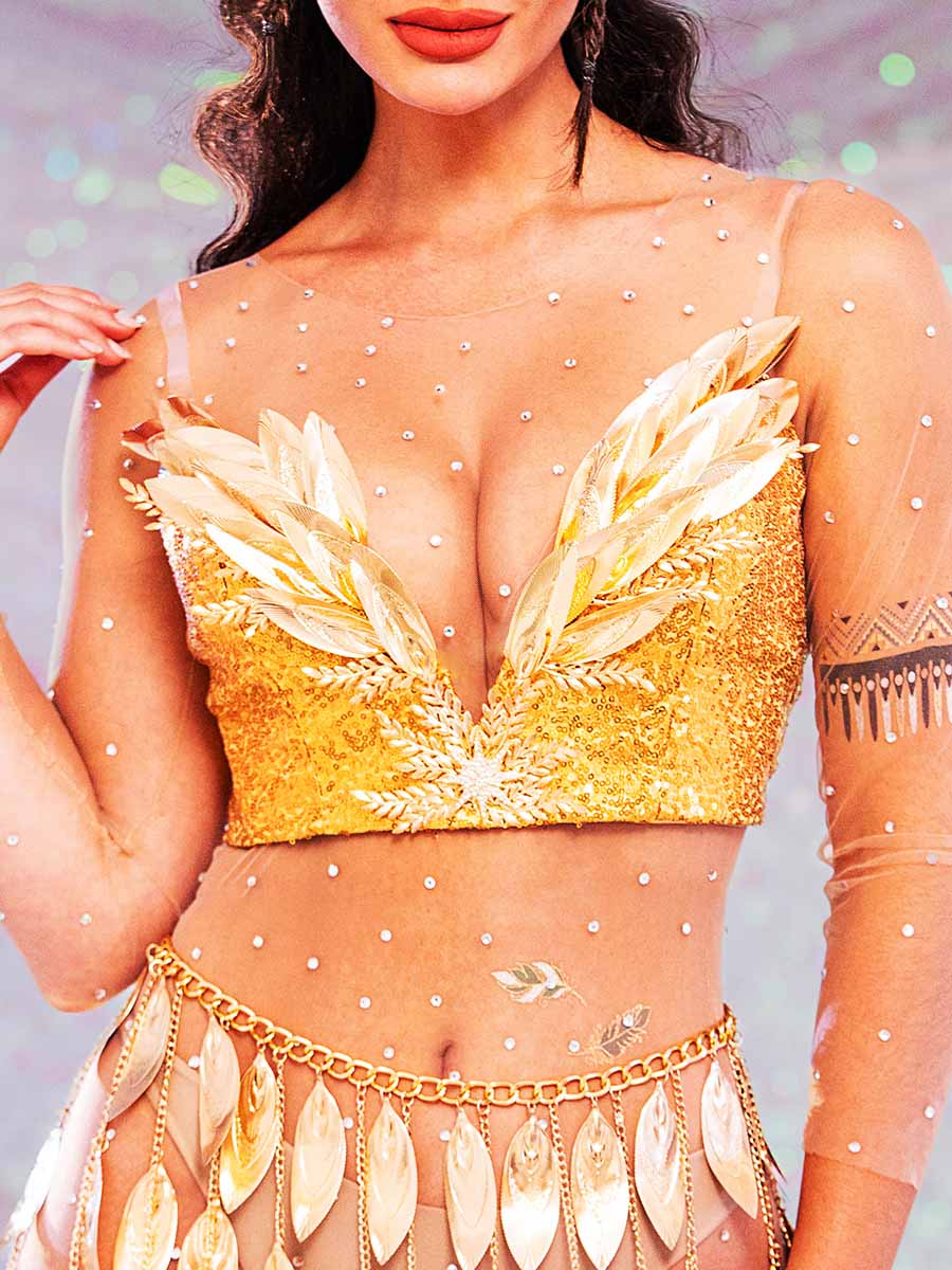 Sparkly Gold Two Piece Set - Corset Bra Top + Fringe Skirt - Image 2