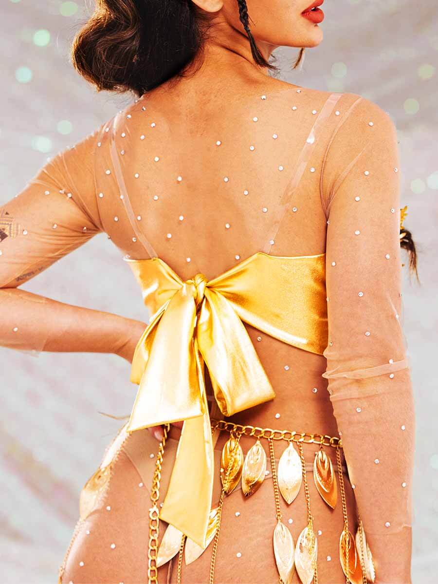 Sparkly Gold Two Piece Set - Corset Bra Top + Fringe Skirt - Image 3