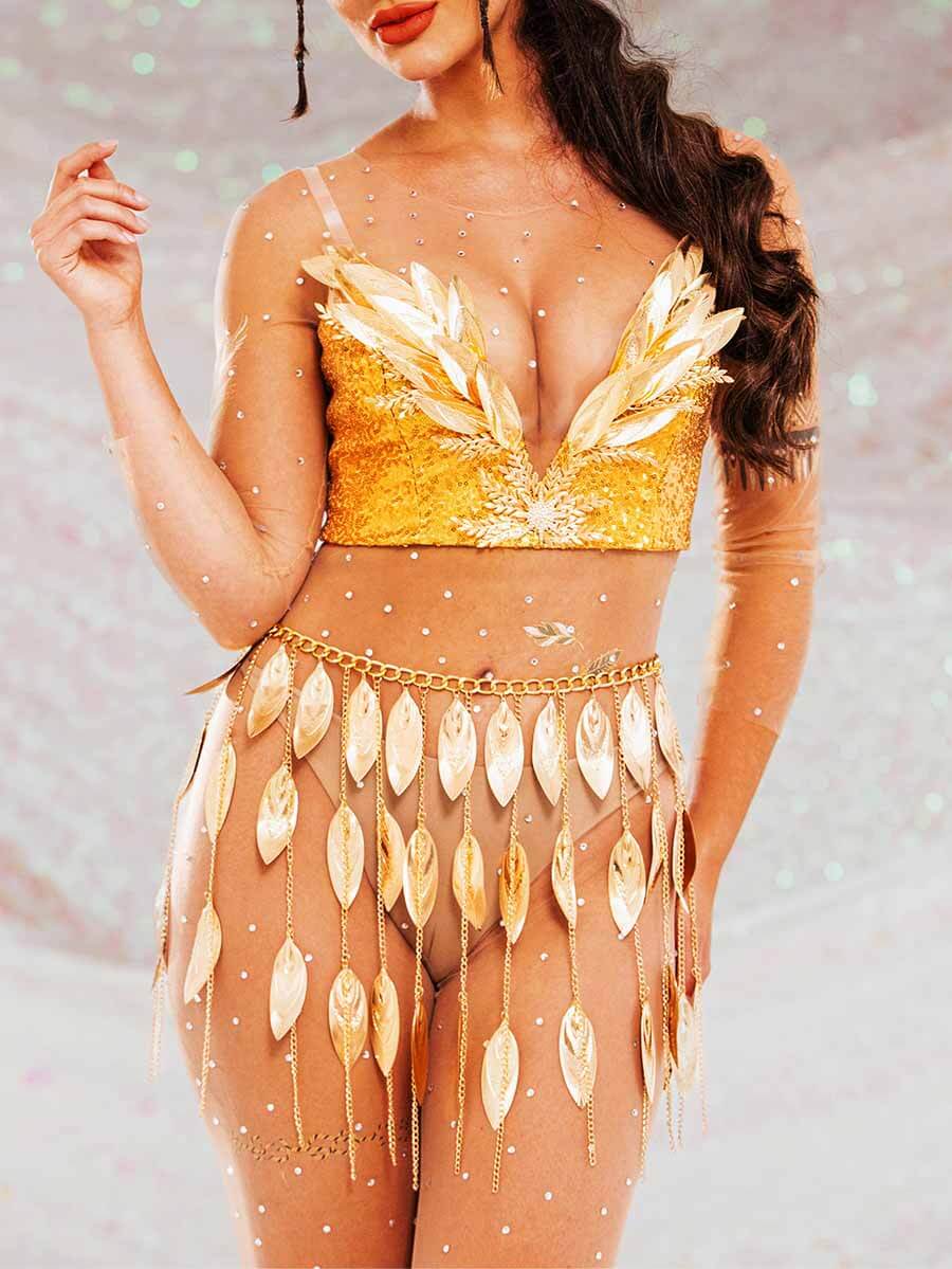 Sparkly Gold Two Piece Set - Corset Bra Top + Fringe Skirt - Image 6