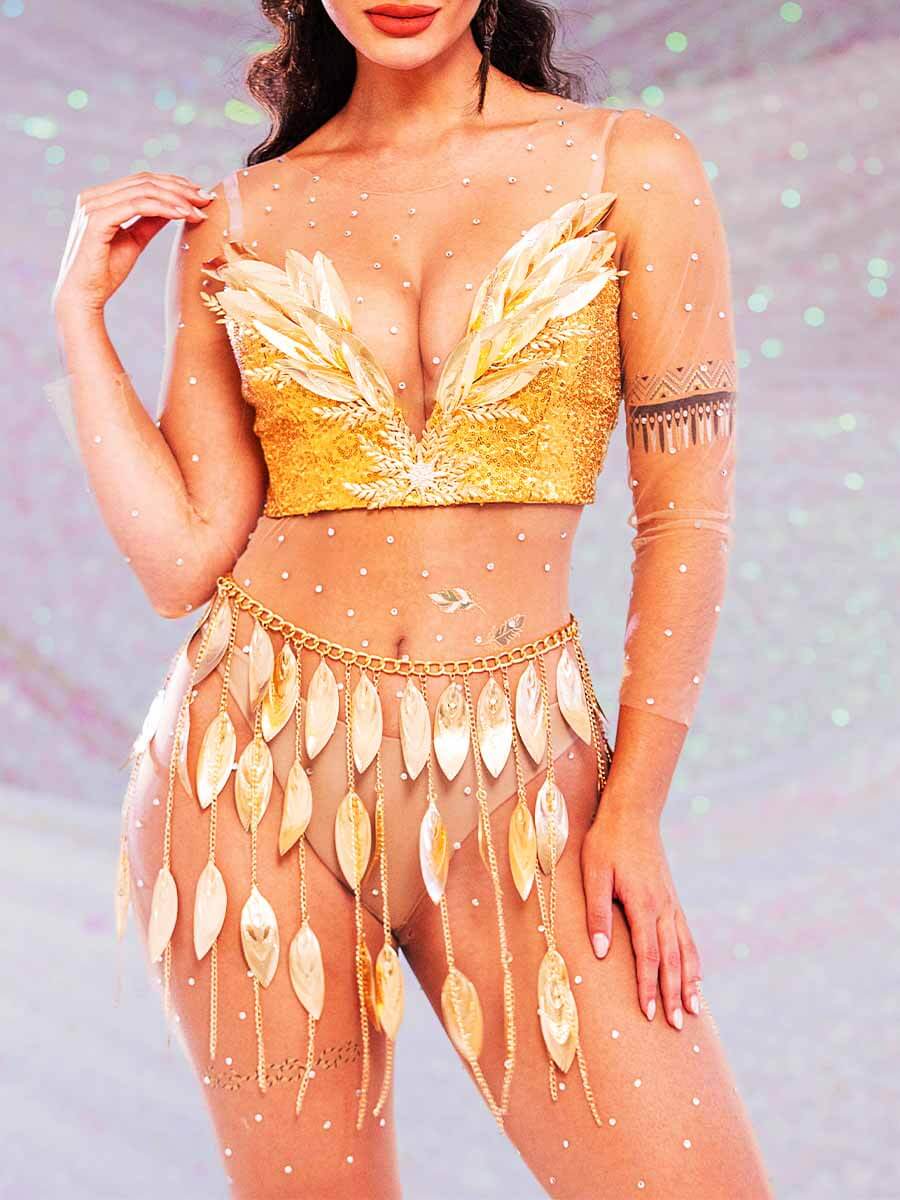 Sparkly Gold Two Piece Set - Corset Bra Top + Fringe Skirt - Image 7