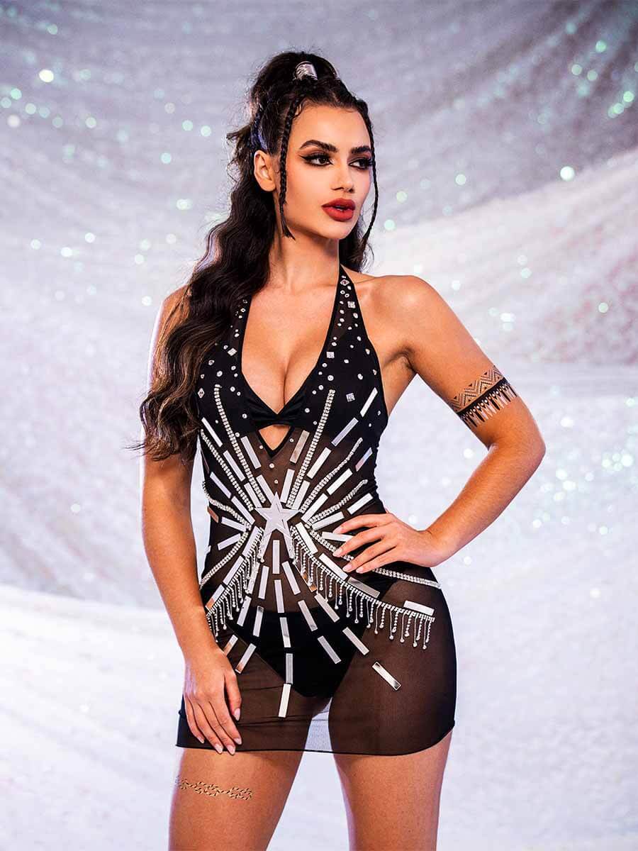 Sparkly Rhinestone Dress - Black Sequin Sheer Dresses - Image 2
