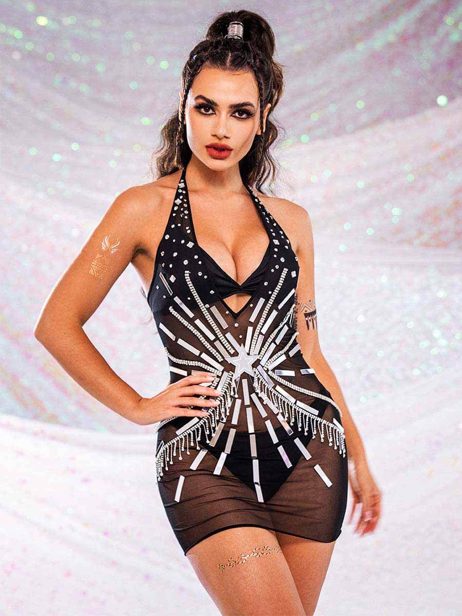 Sparkly Rhinestone Dress - Black Sequin Sheer Dresses - Image 6