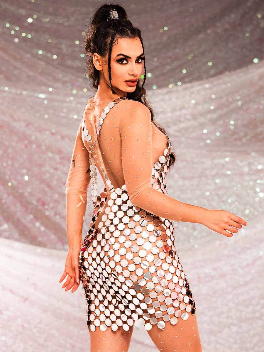 Sparkly Silver Mini Dress - Silver Chainmail Strap Dress - Image 2