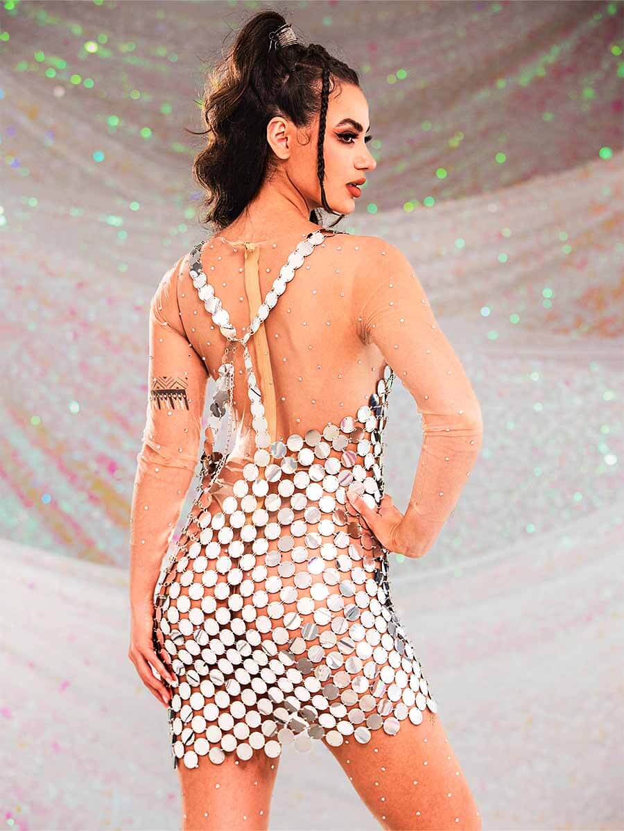 Sparkly Silver Mini Dress - Silver Chainmail Strap Dress - Image 3