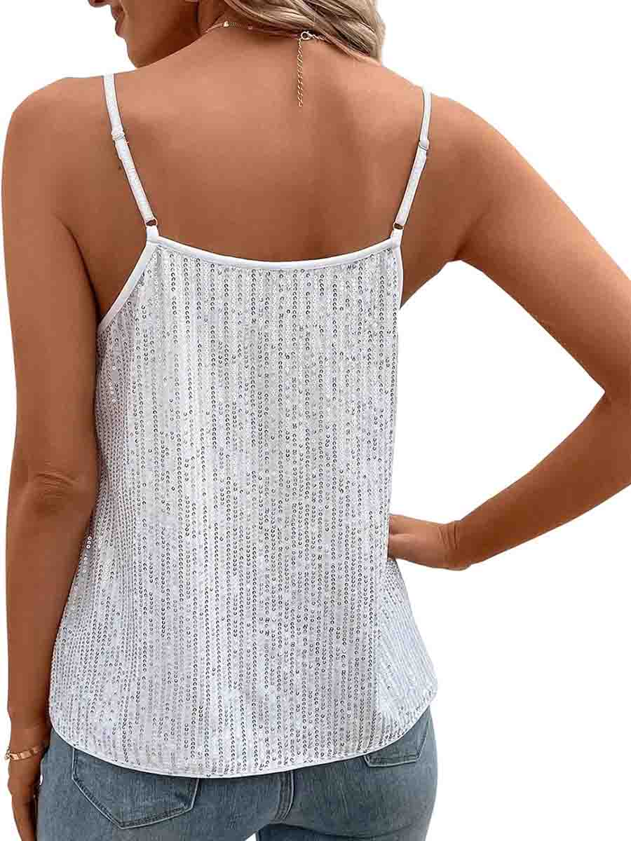 V Neck Sleeveless Camisole Sparkly Silver Tank Top - Image 3