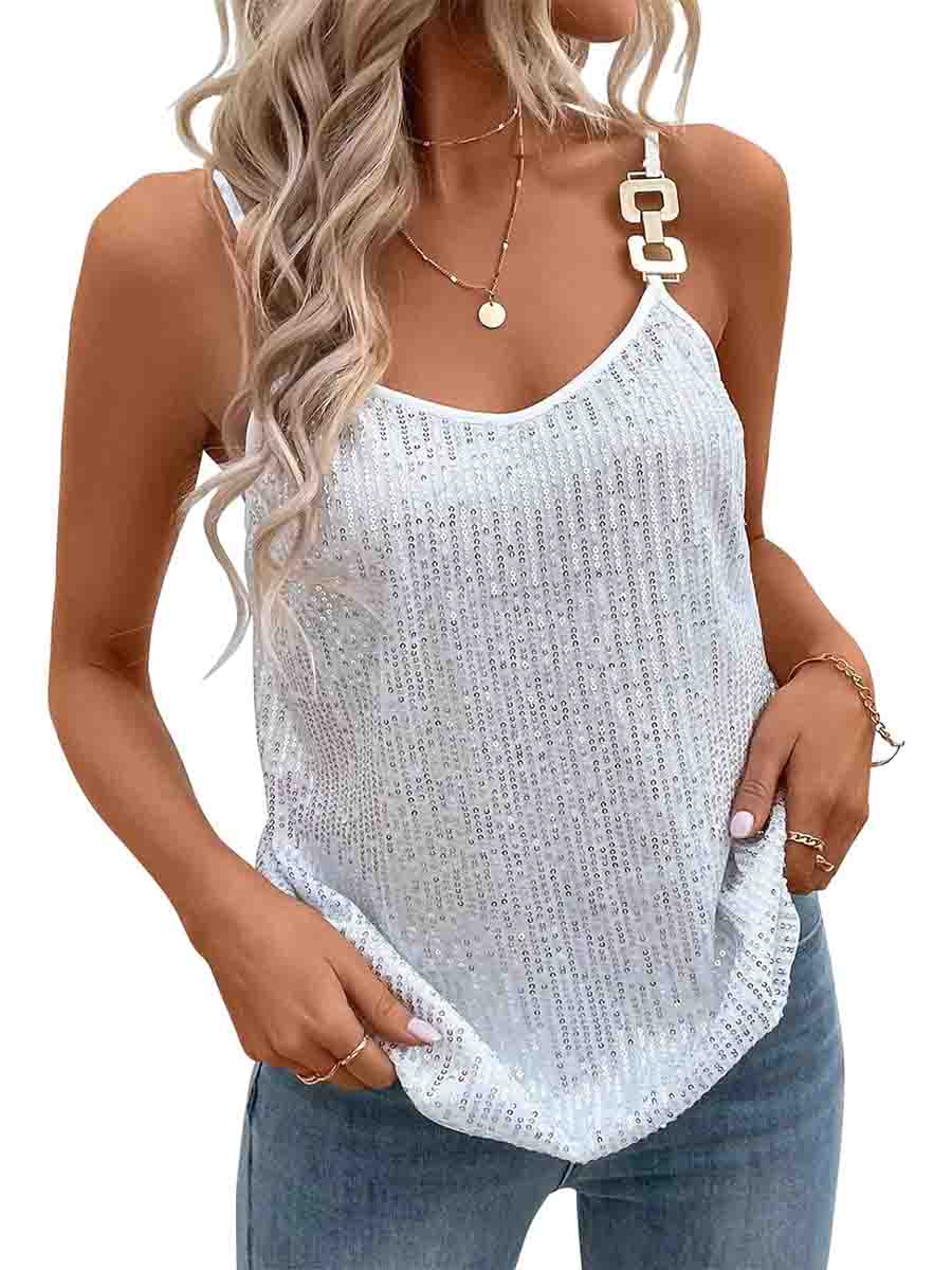 V Neck Sleeveless Camisole Sparkly Silver Tank Top - Image 4