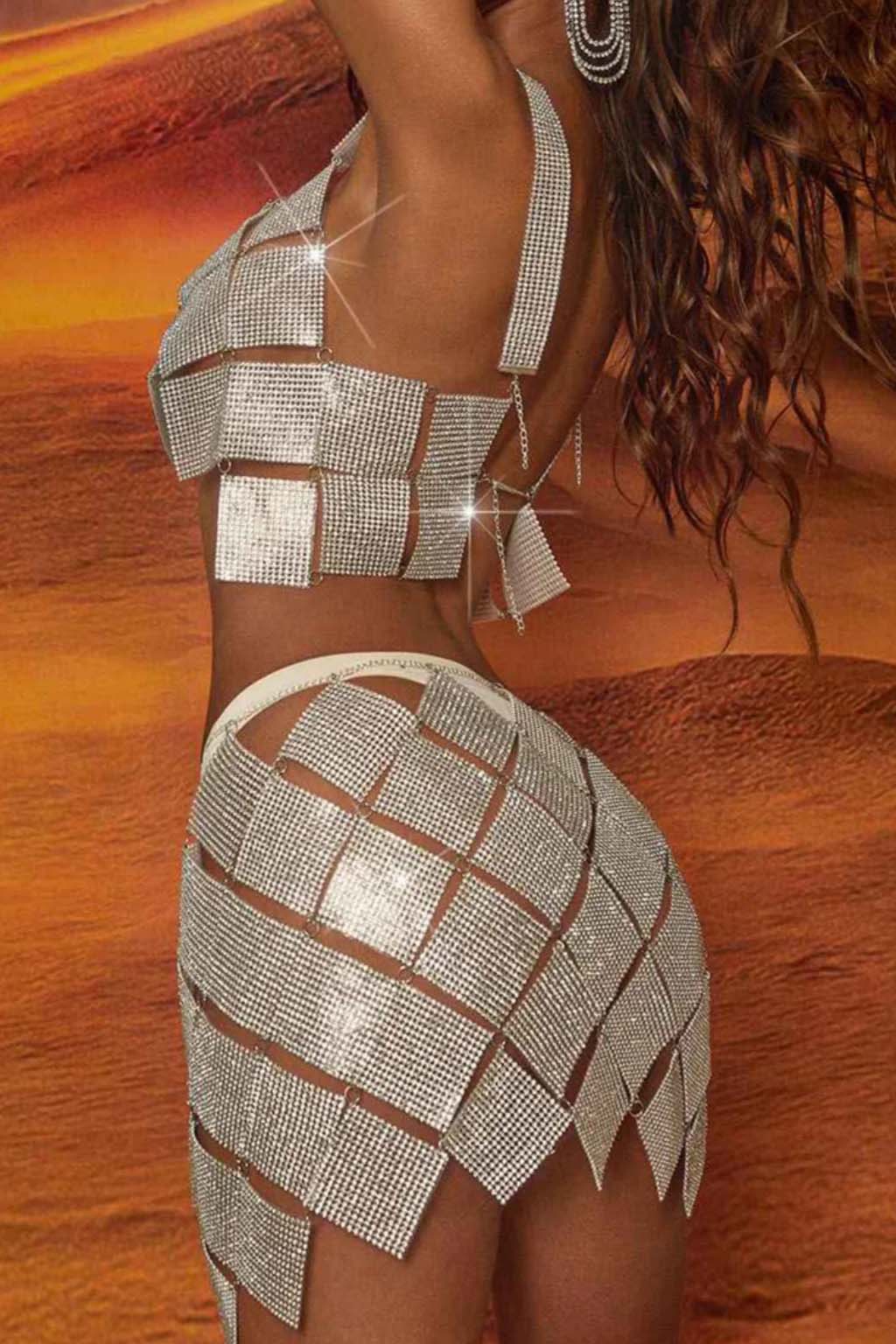 Sparkly Silver Two Piece Set - Mini Skirt & Disco Bra Top - Image 3