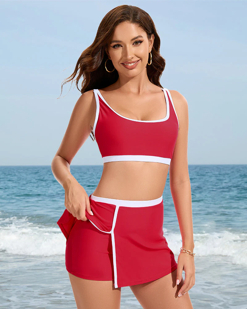 Sporty Color Block Side Slit Skirted Bikini Set - Image 13
