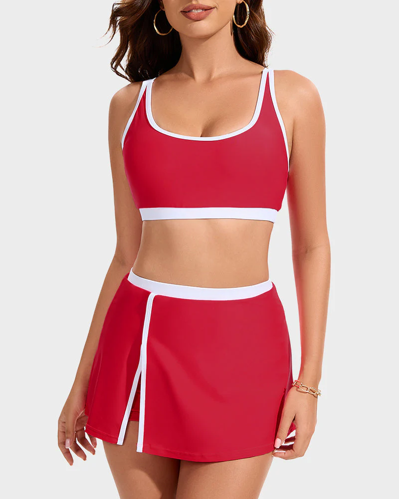 Sporty Color Block Side Slit Skirted Bikini Set - Image 16