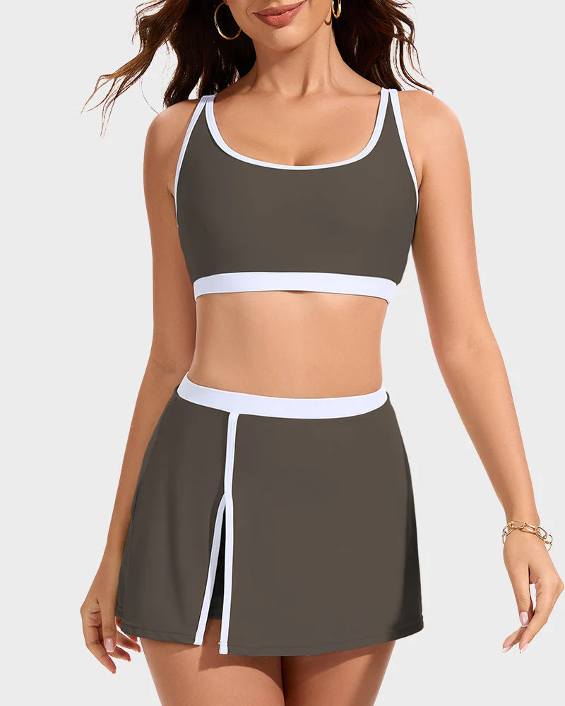 Sporty Color Block Side Slit Skirted Bikini Set - Image 17
