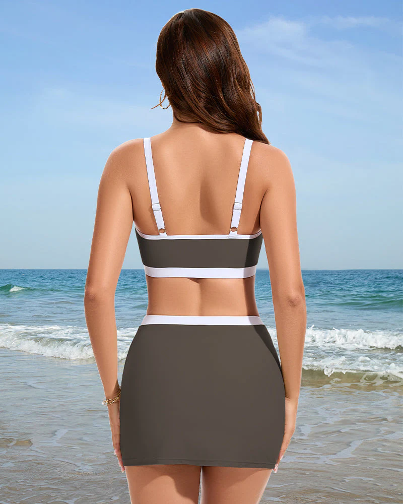 Sporty Color Block Side Slit Skirted Bikini Set - Image 20