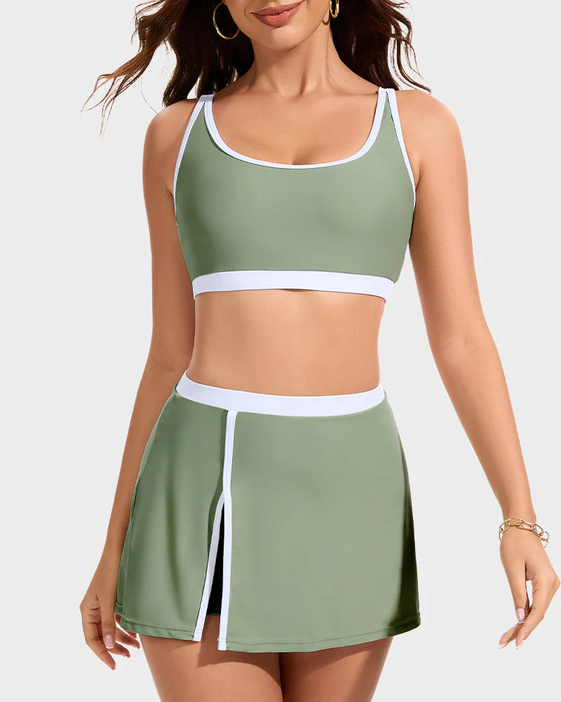 Sporty Color Block Side Slit Skirted Bikini Set - Image 4