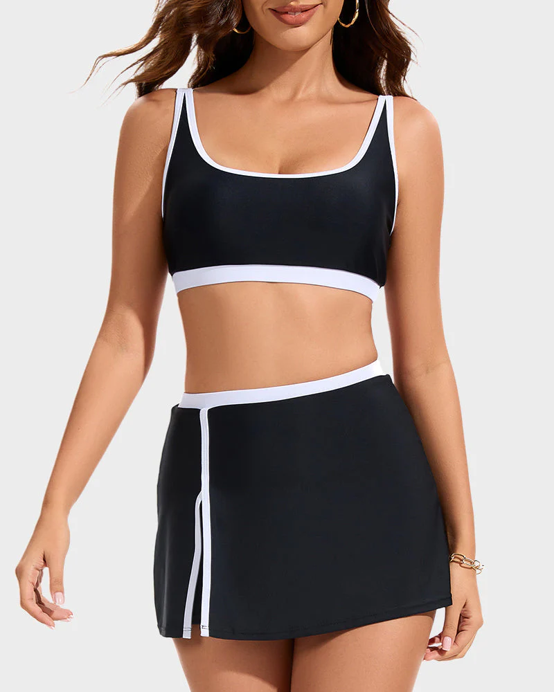 Sporty Color Block Side Slit Skirted Bikini Set - Image 8