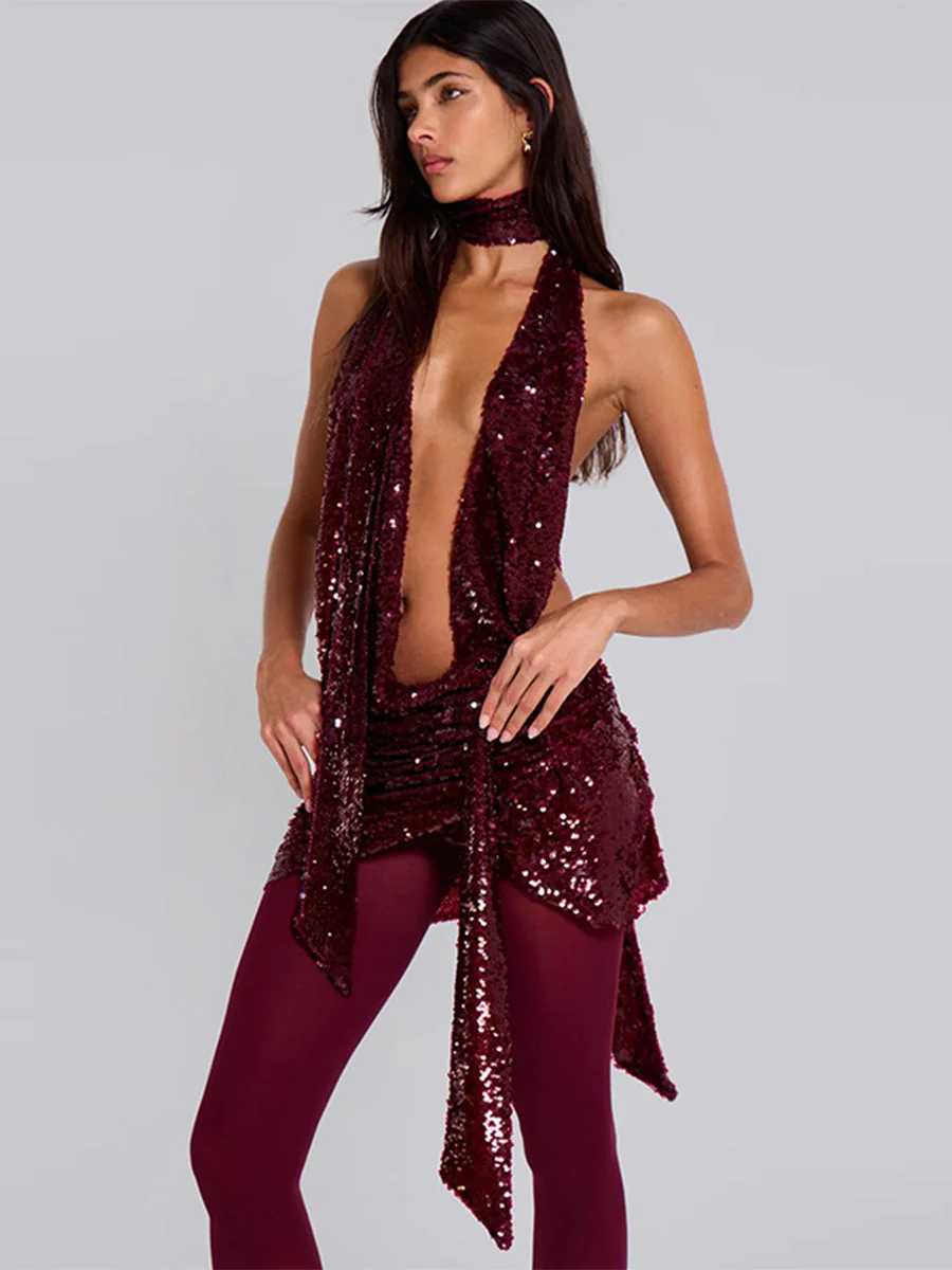 Spring/Summer Hot Girl Sexy Deep V Sequin Bodycon Dress - Image 3