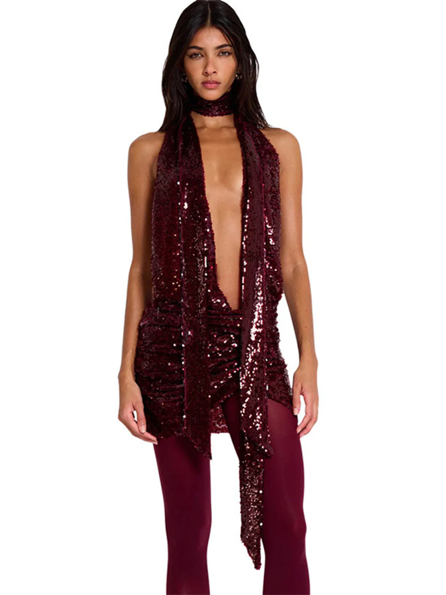 Spring/Summer Hot Girl Sexy Deep V Sequin Bodycon Dress - Image 5