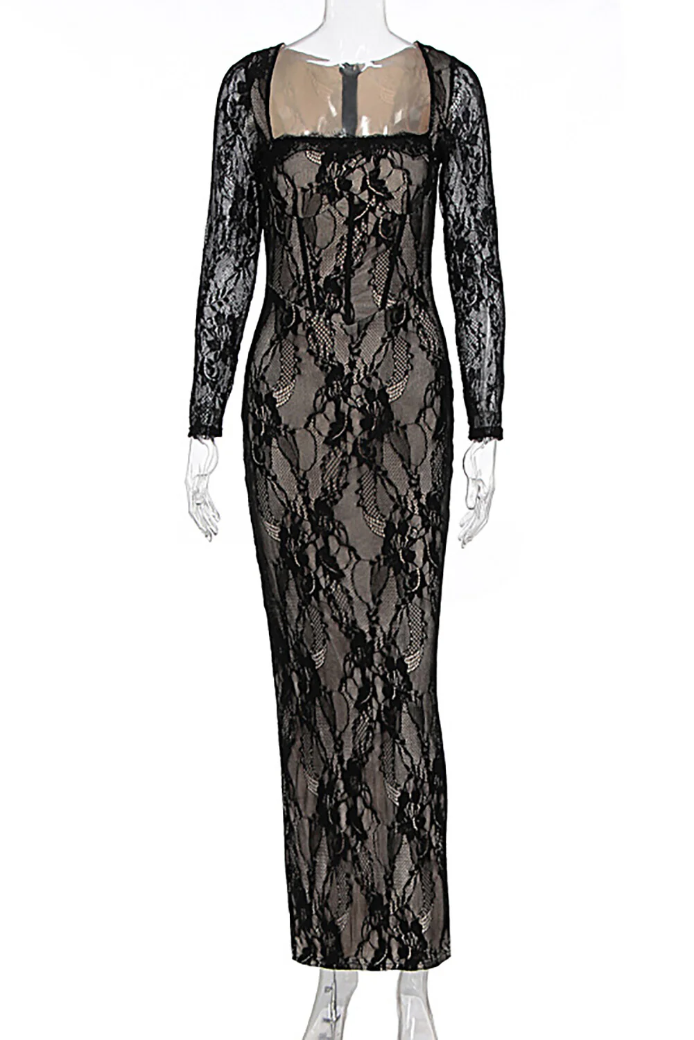 Square Neck Long Sleeve Lace Slim Fit Slit Hem Maxi Dresses-Black - Image 5