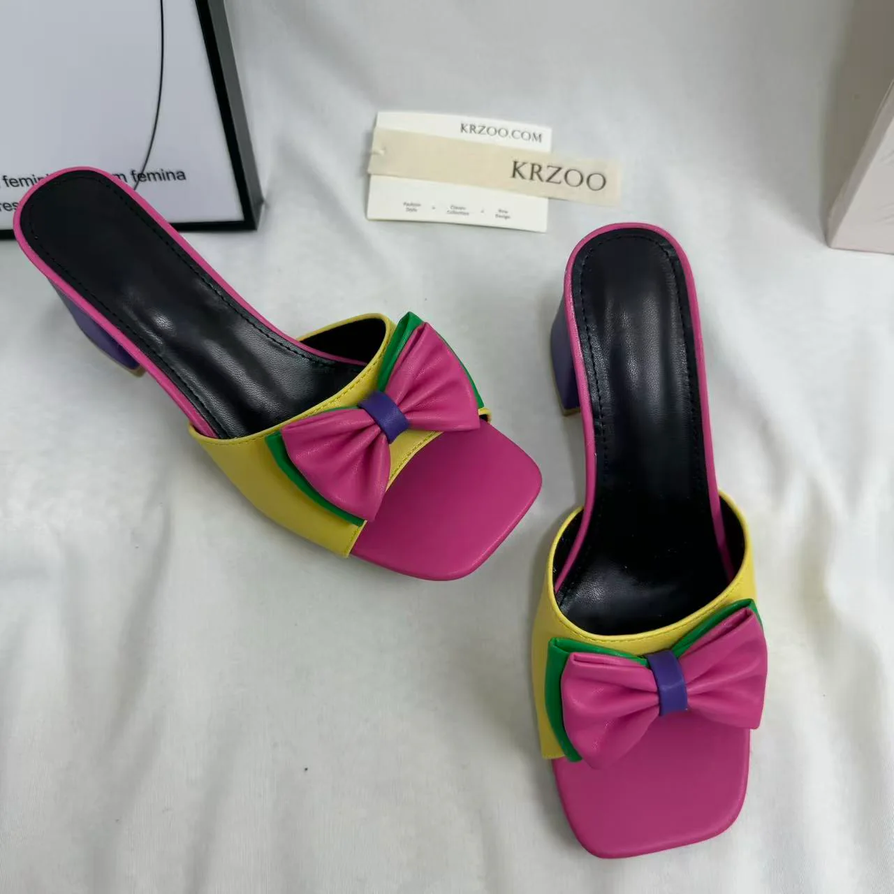 Square-Toe Mid-Heel Bow Slide Sandals