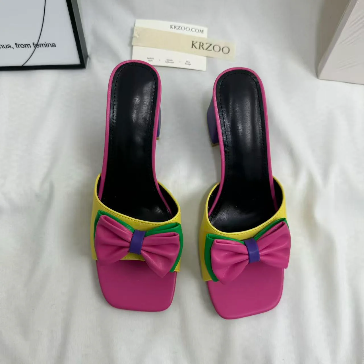 Square-Toe Mid-Heel Bow Slide Sandals - Image 2