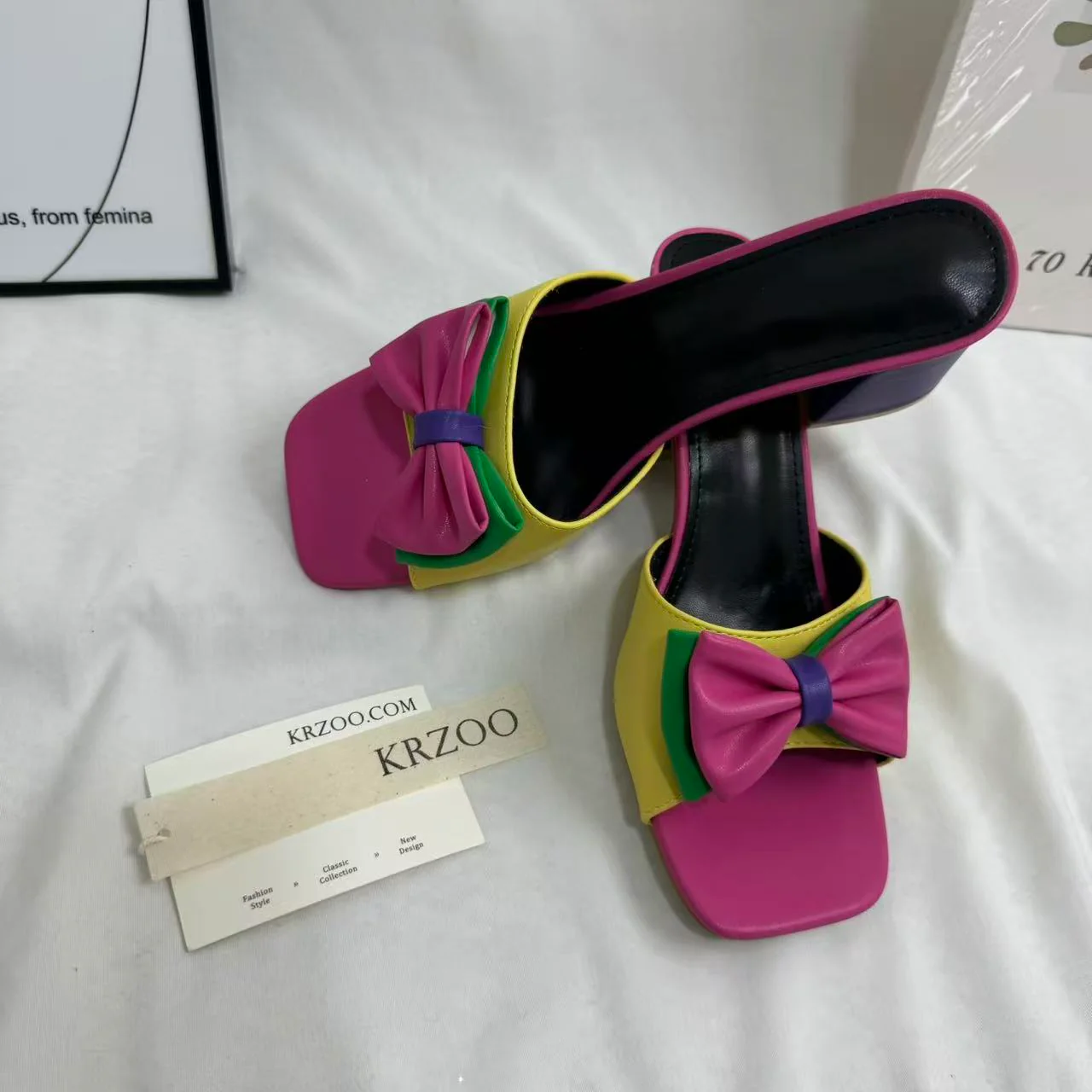 Square-Toe Mid-Heel Bow Slide Sandals - Image 3