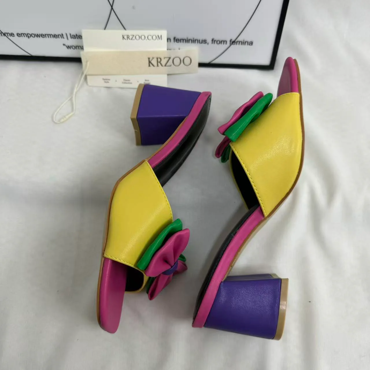Square-Toe Mid-Heel Bow Slide Sandals - Image 4