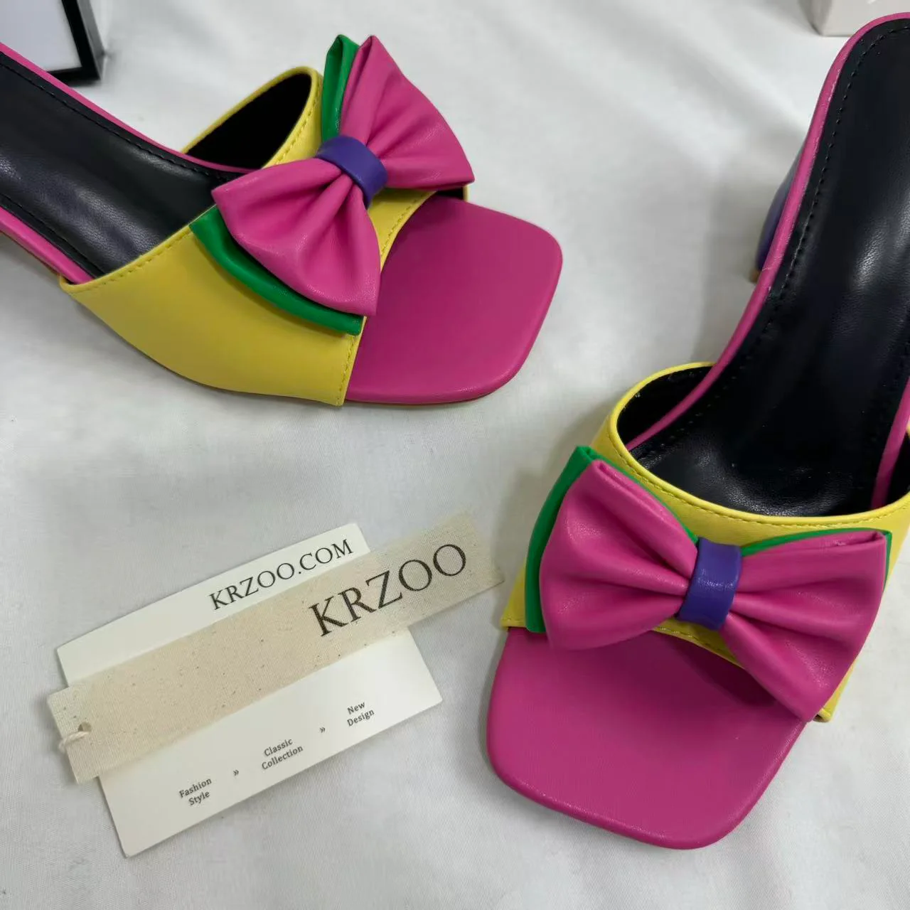 Square-Toe Mid-Heel Bow Slide Sandals - Image 5