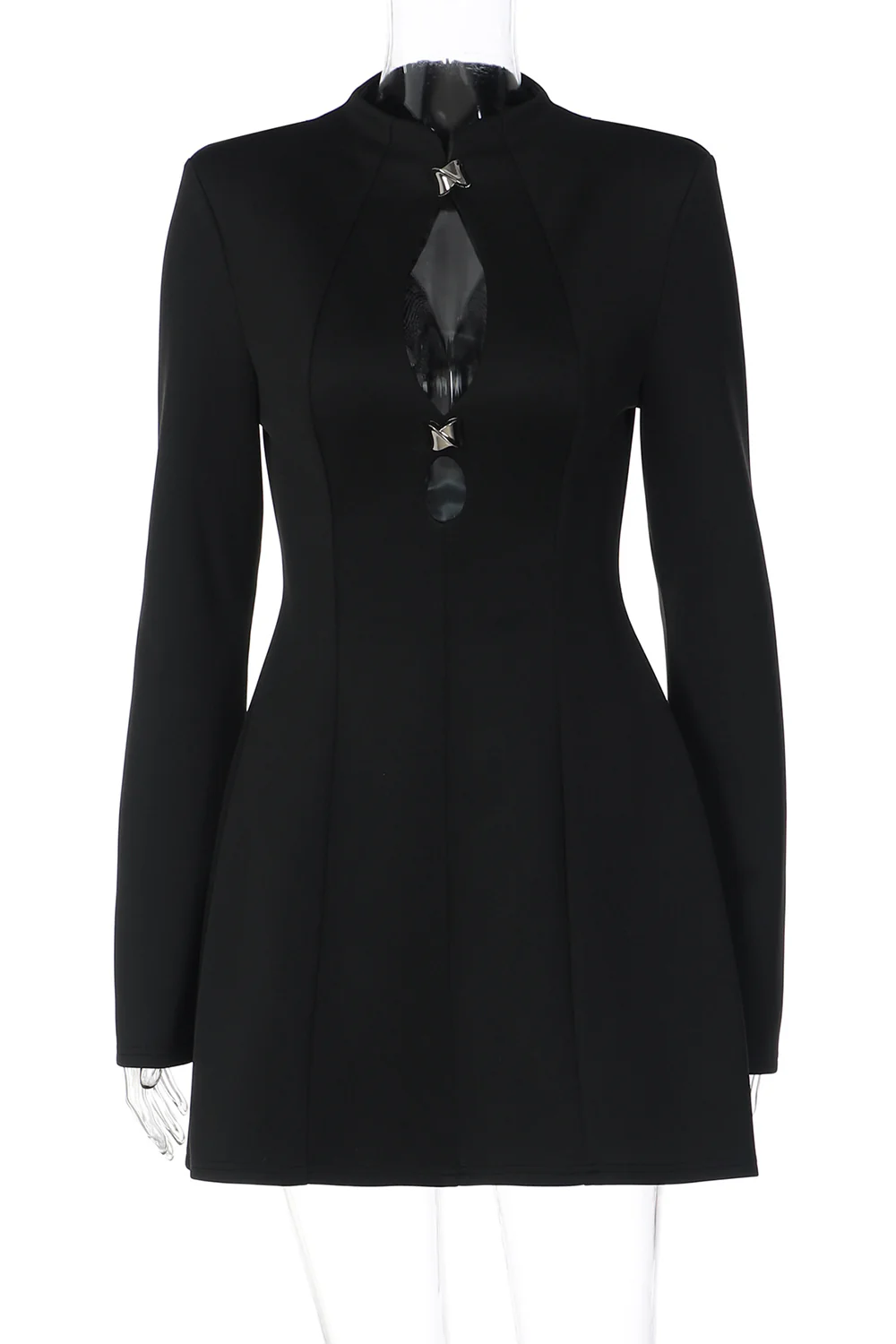 Stand Collar Slit Long Sleeve Cinch Waist Solid Color Mini Dresses-Black - Image 4