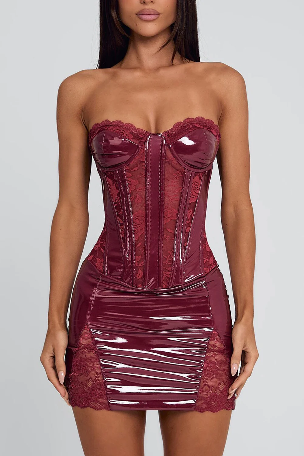 Strapless Cinch Waist Lace Slim Fit Party Mini Dresses-Red Pre Order