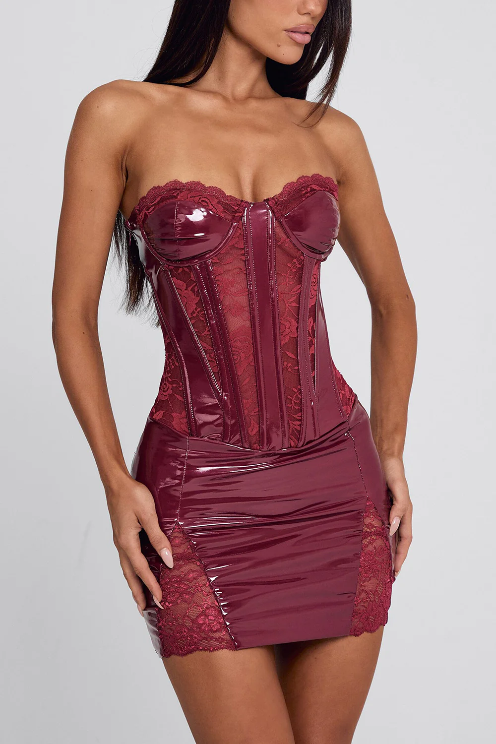 Strapless Cinch Waist Lace Slim Fit Party Mini Dresses-Red Pre Order - Image 2